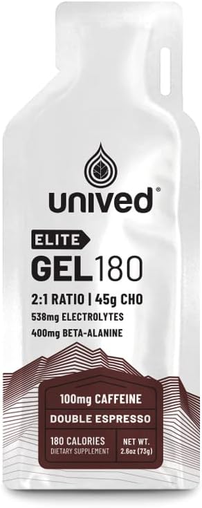Unived Elite Gel 180-2:1 Yksinkertainen ja monimutkainen karbeja Beta Alanine & Essential Electrolytes - varten Endurance Urheilijat & Pyöräilijät -180kcal - Double Espresso - 100mg kofeiini - pakkaus 6