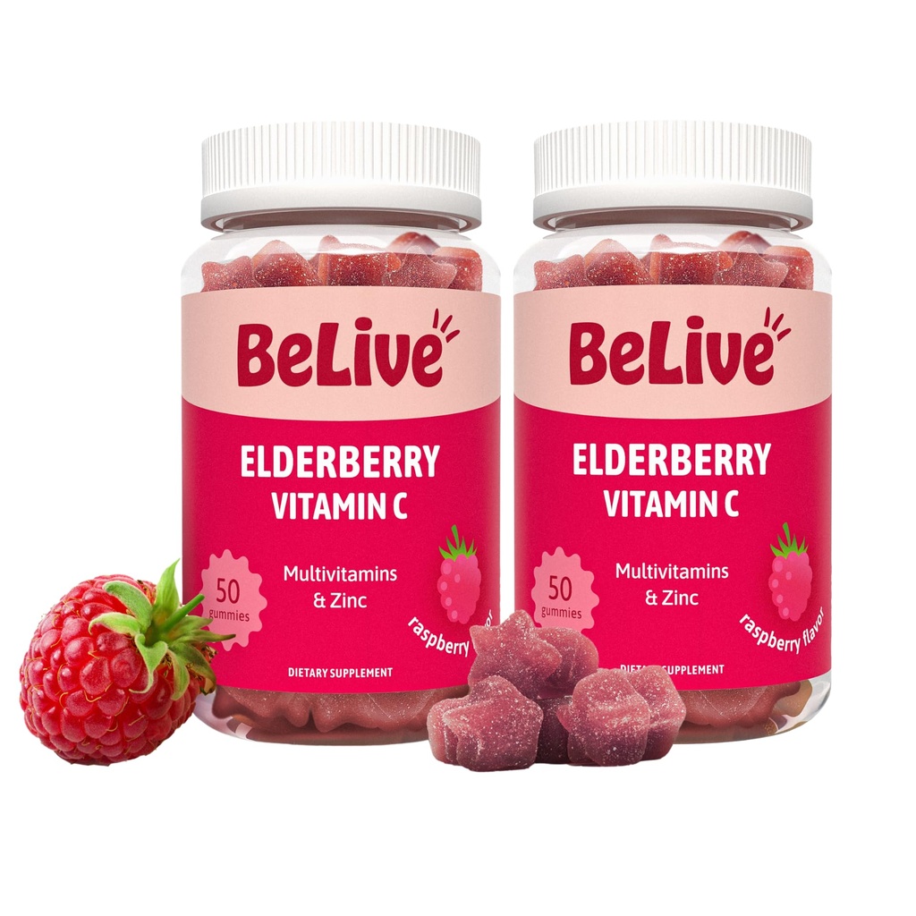 BeLive Elderberry Gummies with Zinc and Vitamin C - Immune Support Supplement with Vitamin D, A, E, B12 - Gummies for Healthy Bones & Teeth, Vegan, Keto & Non-GMO - Raspberry Flavor
