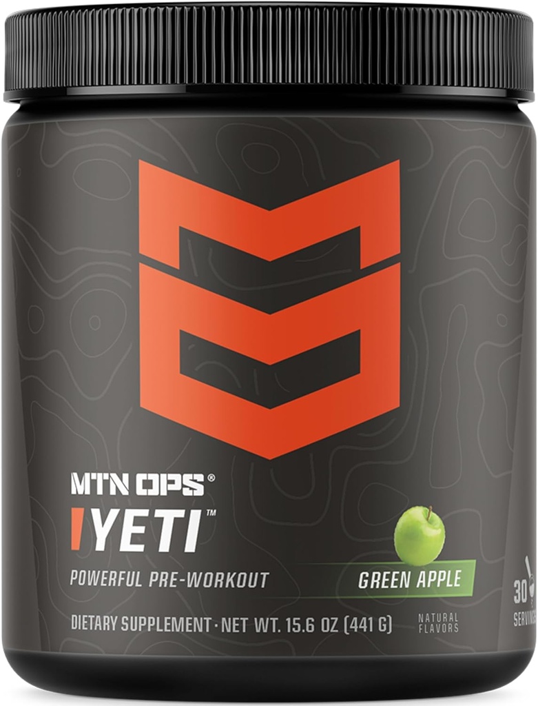 MTN OPS Yeti Pre-Workout Powder Energy Drink Creatine, 200 mg kofeiini ja BCAA Beta Alanine, 30-Serving Tub, Green Apple