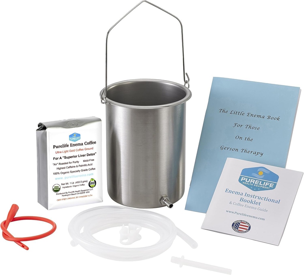 Purelife Detox Coffee Enema Kit - Made in USA - 2 Qt / Superior Toxic Made in USA Quality / 1 Lb Purelife Ultra Light Gold Enema Coffee - Lab Testattu ei mykotoksiinit- Silicone Tubing