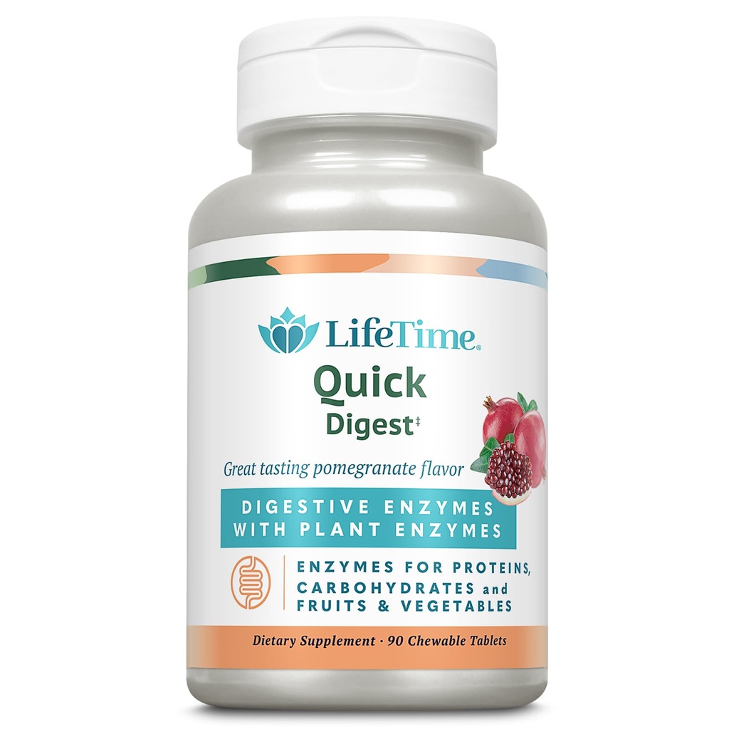 LIFETIME Quick Digest Dgestive Enzymes - Kasvien entsyymit proteiinit, hiilihydraatteja, hedelmät ja vihannekset - Ruoansulatusterveys tuki - Granaattiomena Maku - 90 Tarjoilut, 90 purutablettia