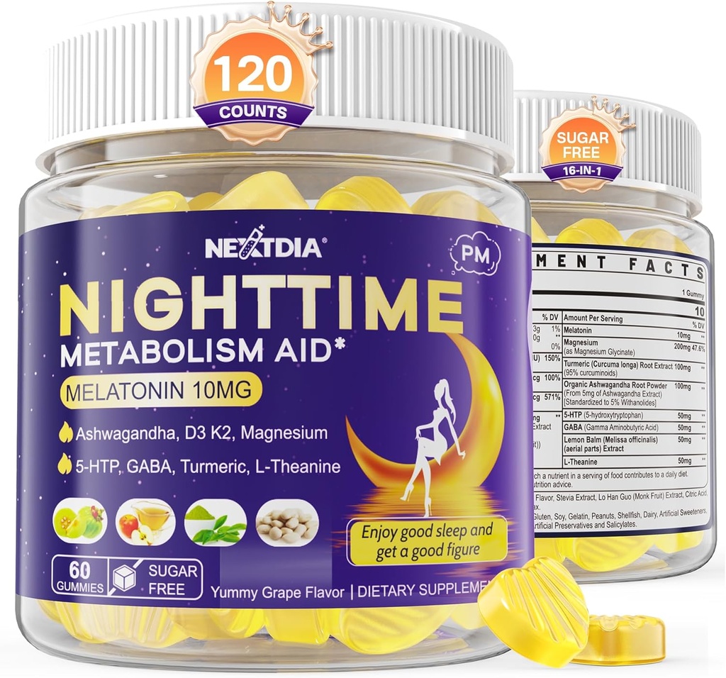 Melatoniini 10 mg Gummies, Night Time Metabolia Gummies aikuisille, Crush liikaa hamstraus Vaikka lepäät, edistää terveitä Zzzs, magnesium, Ashwagandha, 5-HTP, GABA, 100% huumeeton,Sugar vapaa,2Packs