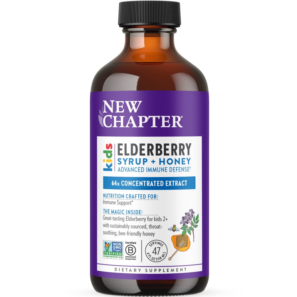 Nya kapitel Elderberry Kids Syrup, Advanced Immune Defense for Ages 2+, 64x Concentrated Elderberry, Sweetened med Throat-Soothing Grade A Honey, Non-GMO Project Verified, 4 Fl Ounce