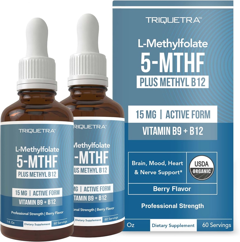 L Methyl Folate 15mg Plus Methyl B12 Cofactor - Organic, Berry Flavor, Professional Strength, Liquid Sublingual, Active 5-MTHF Form - Stöder Mood, Homocysteine Methylation, Cognition (1oz -2 Pack)