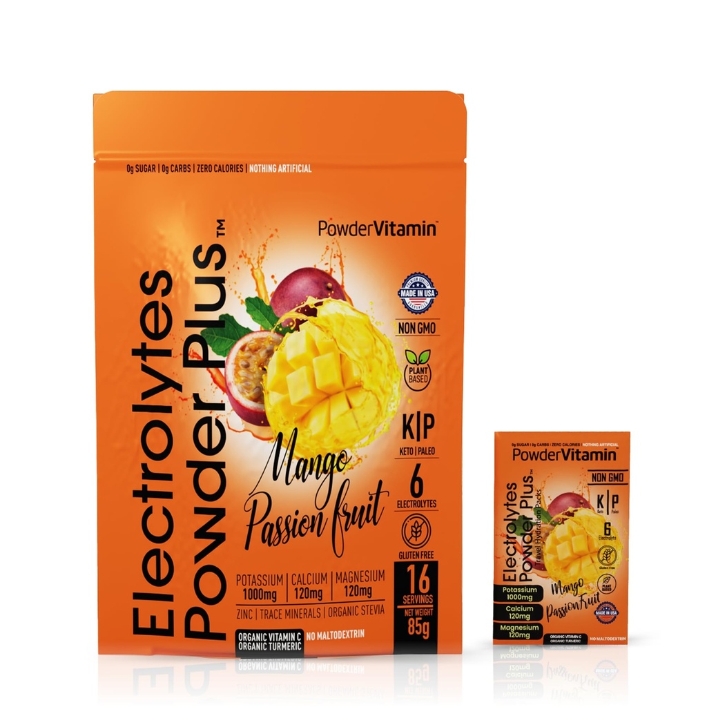 PowderVitamin Electrolytes Powder Plus, Keto, Mango Passionfrukt, Sugar Free, Pink Himalayan Salt, 1000mg Potassium, 120mg Calcium, 120mg Magnesium, Non-GMO, Zero Calories, (16 Hydration Packets)