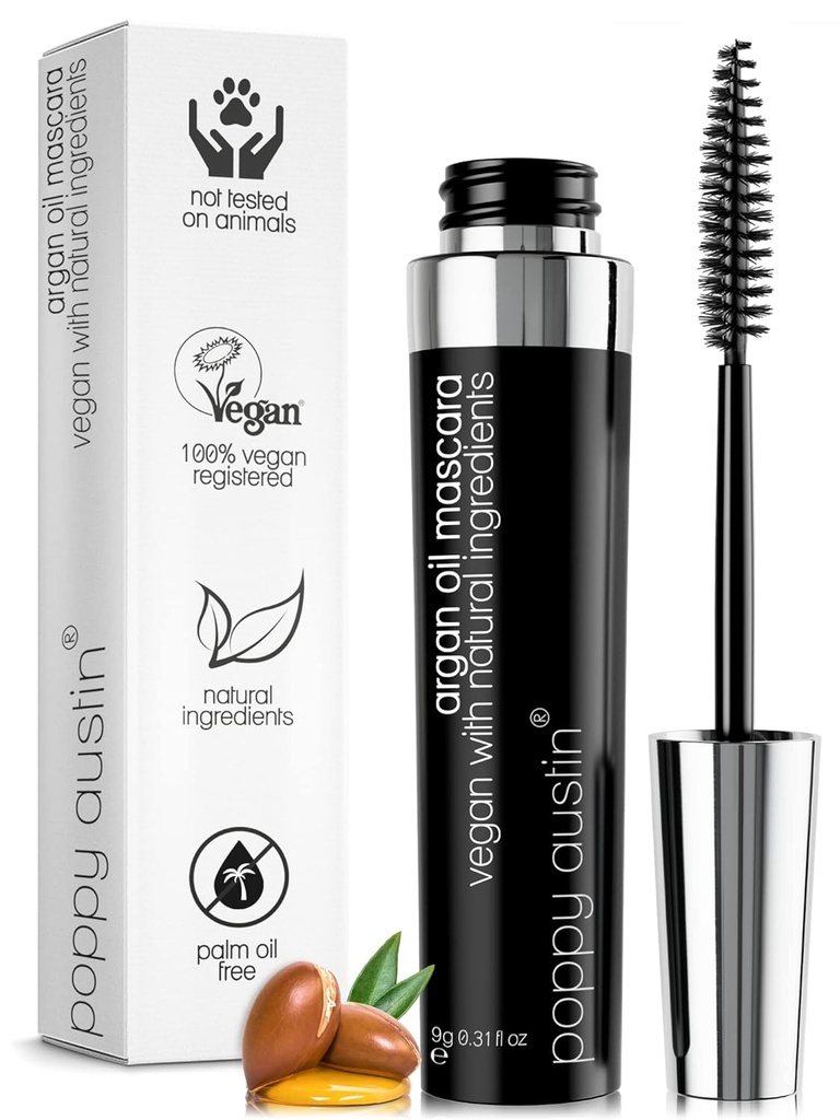 Poppy Austin Organic Mascara, Natural, Vegan, Paraben-free, Julma - Hypoallergenic Mascara Lengthening & Volumizing kanssa Argan Oz (musta)