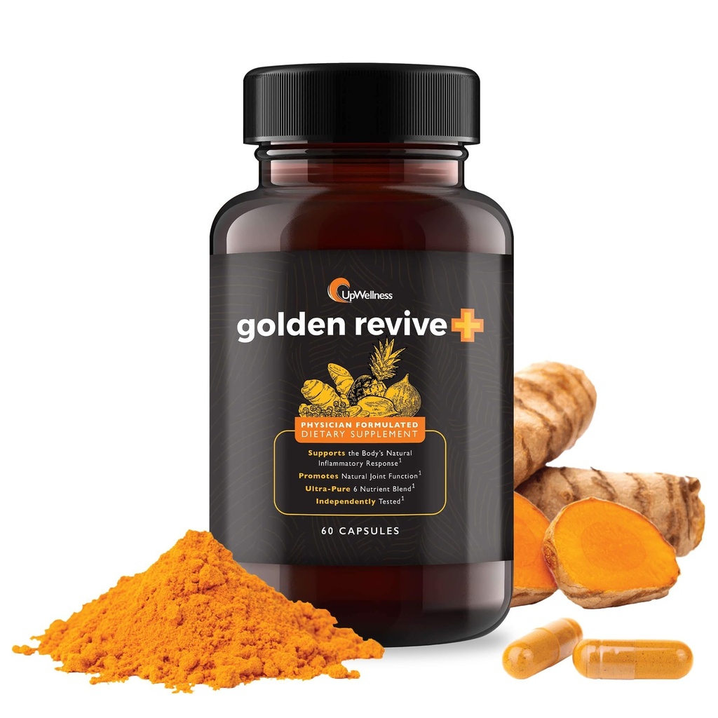 UpWellness Golden Revive + Joint Support Supplement Featuring Turmeric with Black Pepper, Quercetin, and Magnesium-turmeric Boswellia Supplement - 6 Aktiivisia ainesosia yhteiseen hoitoon - 60 kapselia
