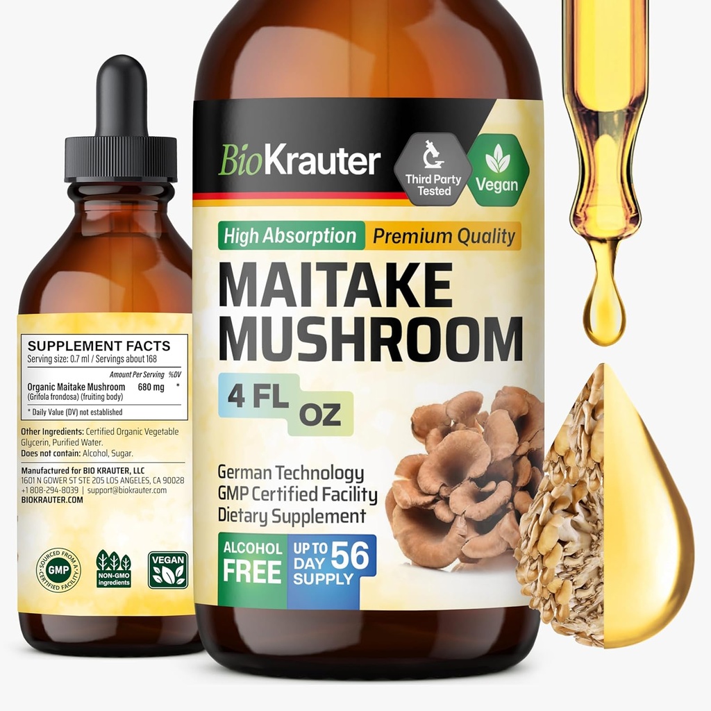 BIO KRAUTER Maitake Mushroom Extract - Maitake Liquid Supplement för immunstöd - 680 mg per servering - Vegan, alkohol och sockerfri droppar 4 Fl.Oz.