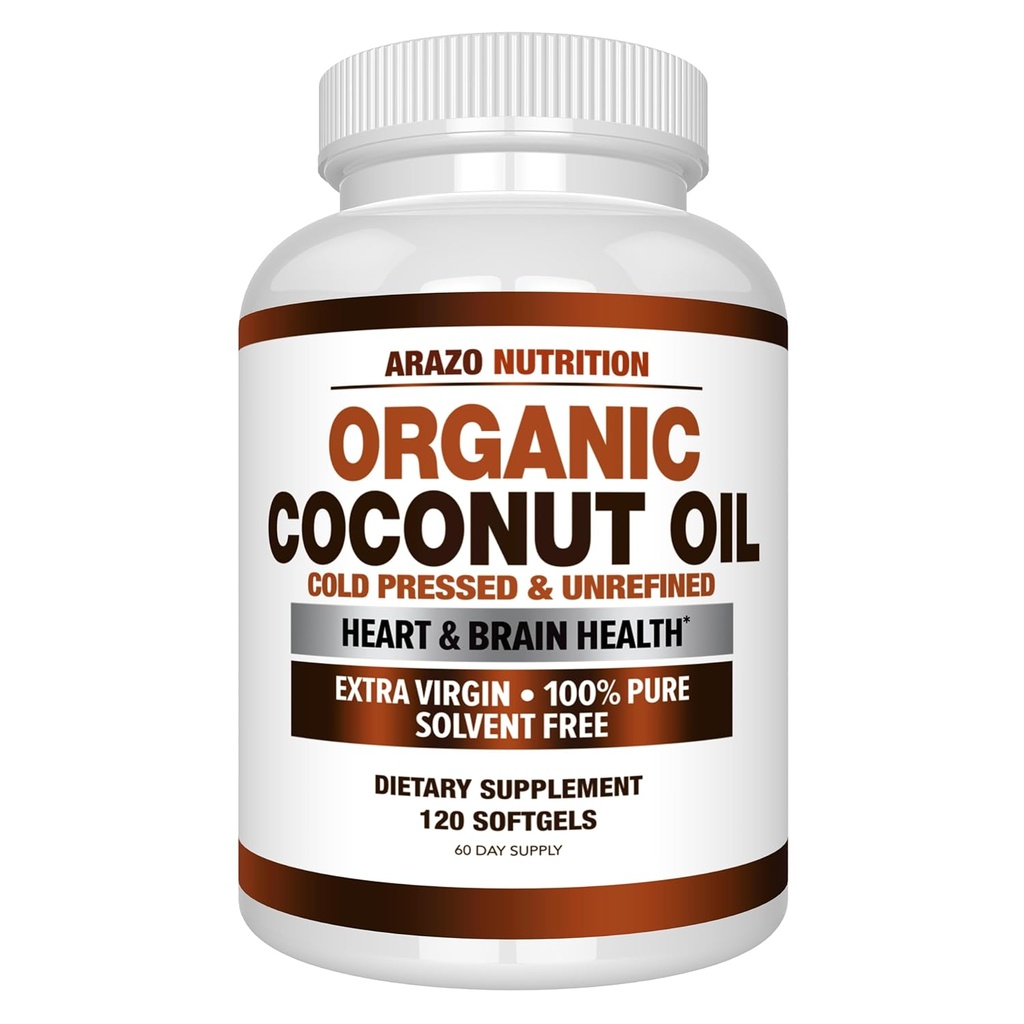 Arazo Nutrition Organic Coconut Oil 2000 MG - 100% Extra Virgin Unrefined Cold Tryckt för viktstöd, hud, hår, naglar - 120 Softgel kapslar