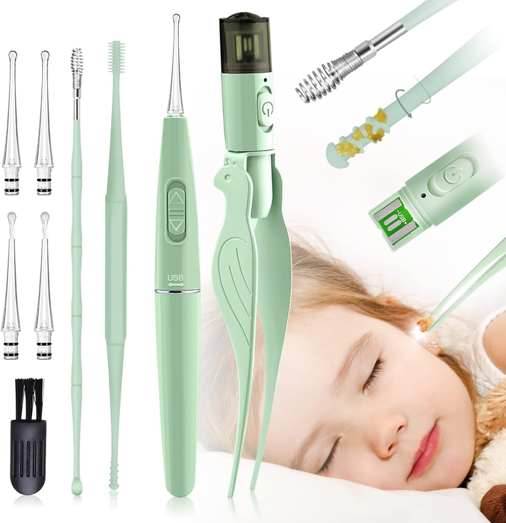 Korvavahanpoistotyökalut,9 Pack korvan puhdistustyökalu,Ear Pick 2 LED-valot,Rakennettu USB korvavaha poistolaite lapsille ja aikuisille