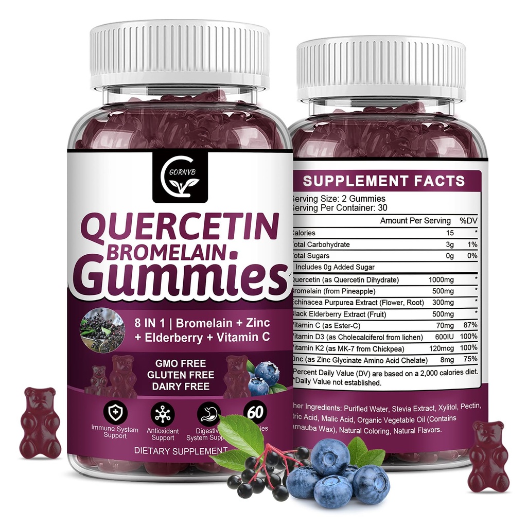 Quercetin Gummies with bromelain 2378mg - Sekoita Elderberry, Echinacea Purpurea Extract, Sinkki, C-vitamiini, D3,K2, Complex Tukee Immuuneja, sydän- ja hengityselinten, Vegaani Gummy for Adult & Kid