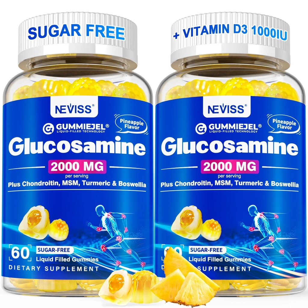 Sokeriton Glukosamiini Täytetyt Gummiet - Glukosamiinin lisäravinteet Plus Chondroitin, MSM, Turmeeric, Boswellia, Hyaluronihappo, D3-vitamiini ja sinkki, 120 Gummia, 60 tarjoilua