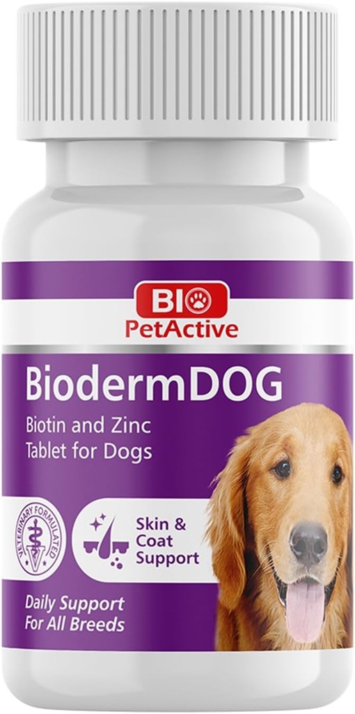 Bio Pet Active BiodermDOG 0.5 Sinkki ja Biotin tabletit koirille, immuunijärjestelmä, iho, turkki ja kynsien tuki koirille, 1.32 oz, 75 purutablettia