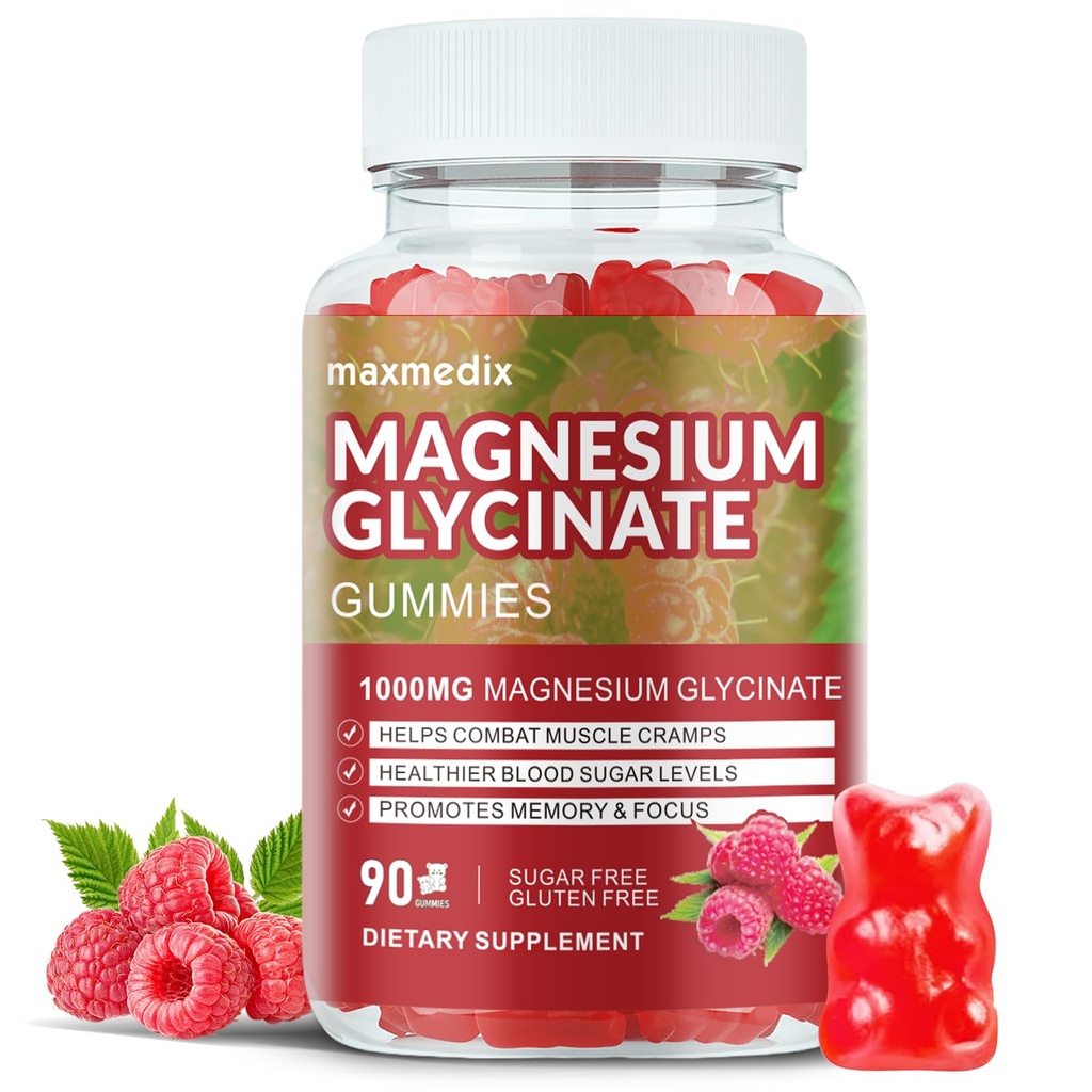 Magnesium Glycinate Gummies 1000 mg, sokeriton magnesium Kaliumlisät purra aikuisille L-treonate uni, kehon tuki ja rentoutuminen,90 vadelma Gummies