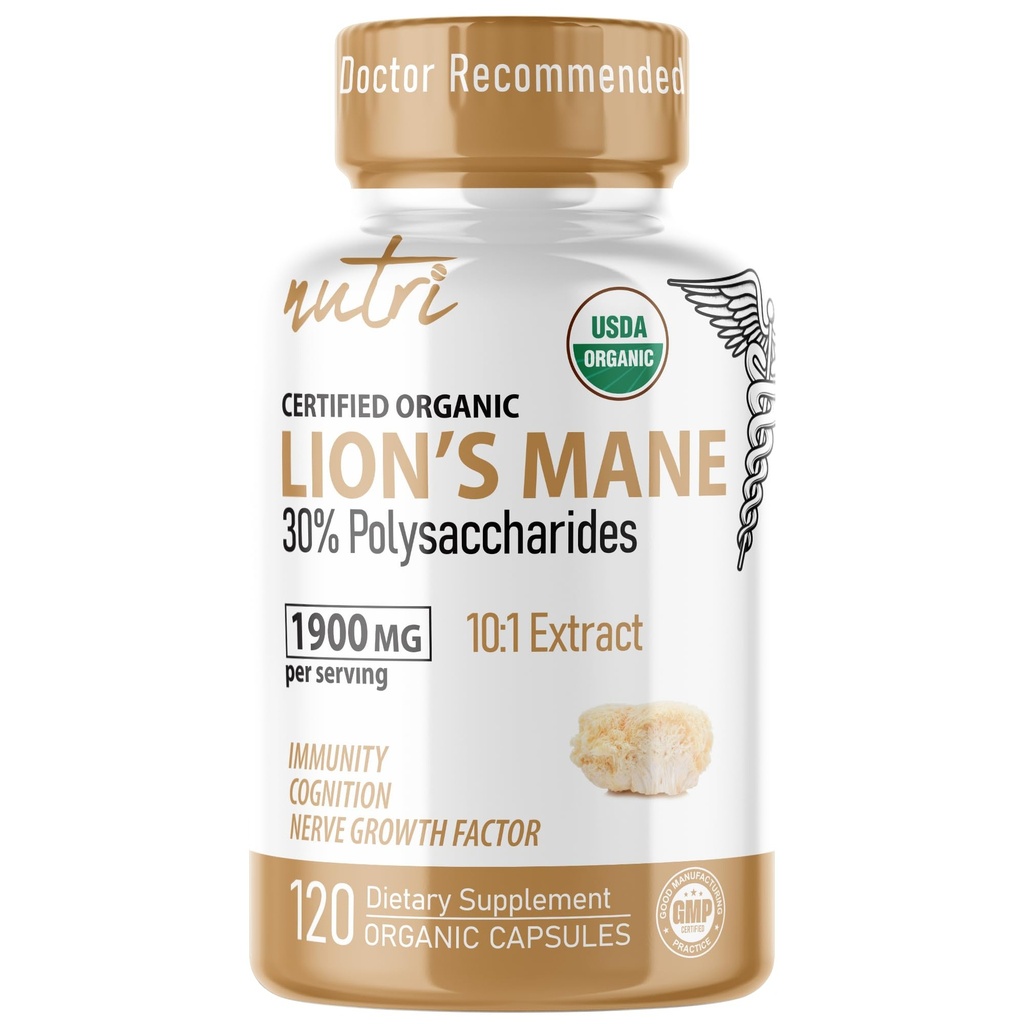 Nature's Fusions Nutri Organic Lions Mane Supplement Capsules - 1900 mg, 10:1 Dual Uutto, 120 Count - Mushroom Extract (Fruiting Body) - Kolmas osapuoli testattu