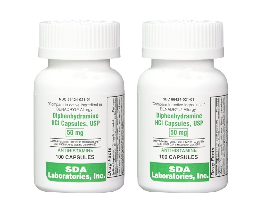 SDA LABORATORIES Diphenhydramine 50mg, Allergy Relief, Antihistamine Capsules, Fast-Acting Formel för Sneezing, Runny Nose & Itchy Eyes - 100 Count (2 Pack)