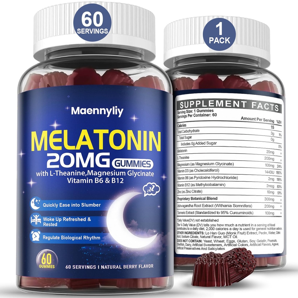 Melatoniini 20 mg Gummies aikuisille - Sokeriton melatoniini Gumies Extra Strength L-Theanine, Magnesium, Ashwagandha, Turmeric, D3 & Sinkki - Non-Habit Forming