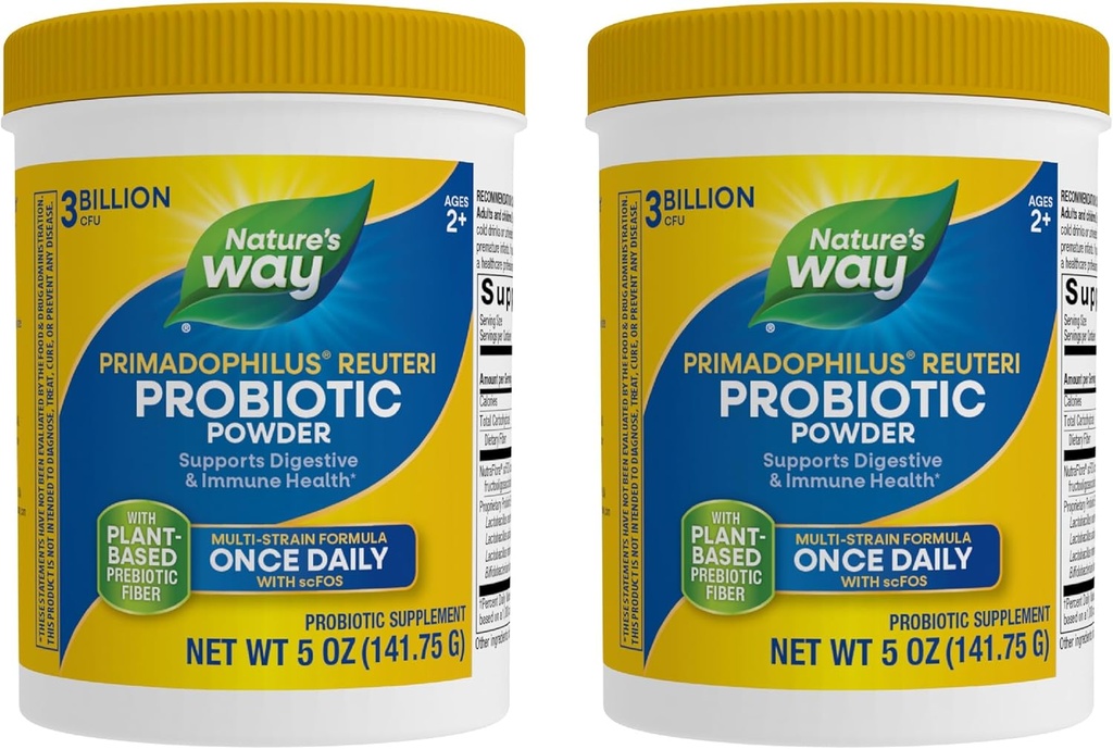 Nature's Way Primadophilus Reuteri Probiotic Powder, Tukee Ruoansulatus-ja immuuniterveys*, Multi-Strain Formula, Prebiootit, 3 miljardia live kulttuurit, 5 Oz (Pakkaus toukokuussa Vary) - 2 pakkaus