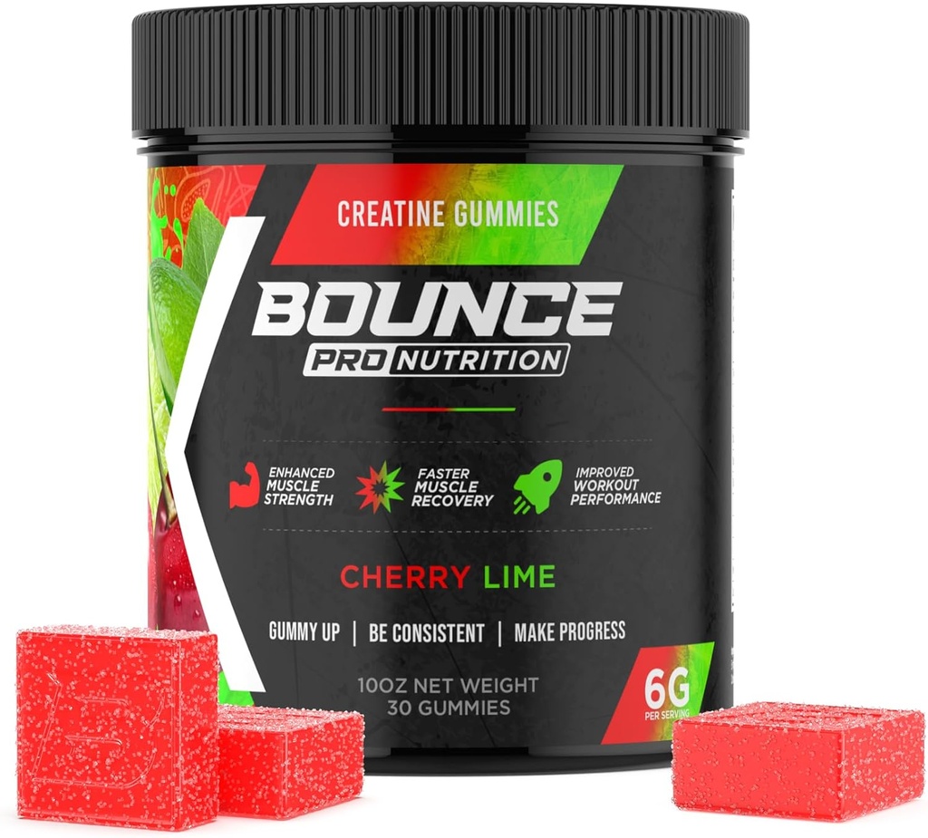 Bounce Pro Creatiini Monohydraatti Gummies for Men & Women, Low Calorie, 6G Creatiini per Serving, Vegan, Anti-Melting, Gluteenittomat, ei-GMO, 2g Creatiini per Gummy (30ct, Cherry Lime)
