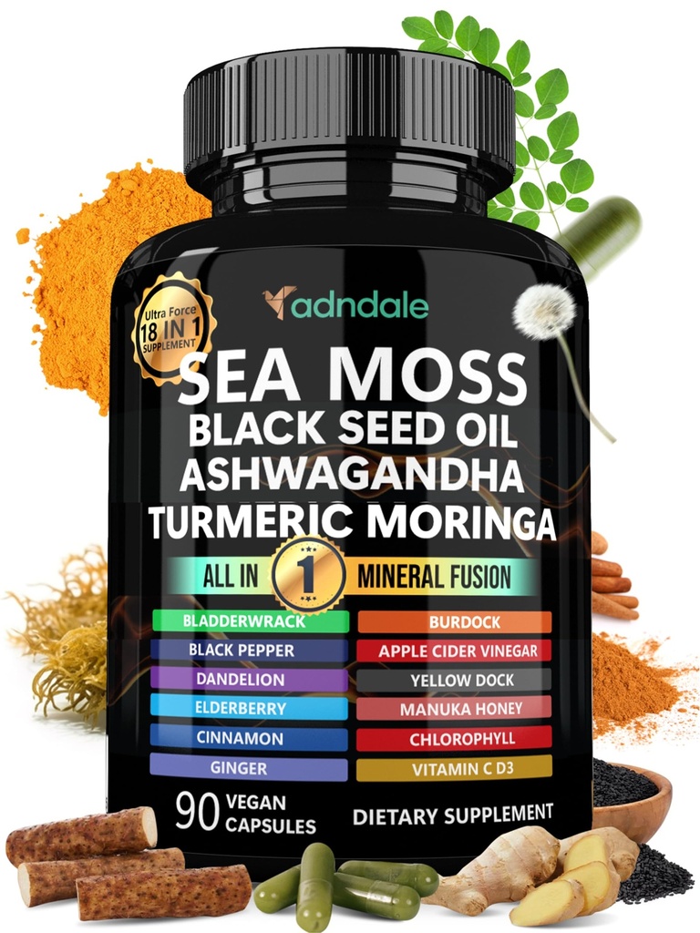 Adndale Sea Moss Musta siemen öljy Ashwagandha Inkivääri kapselit. SeaMoss-kapselit, joissa on mustaa siemenöljyä, Ashwagandhaa, kurmeeria, Moringaa, rakkoranneketta, Burdock-juuria, manukahunajaa, kanelia