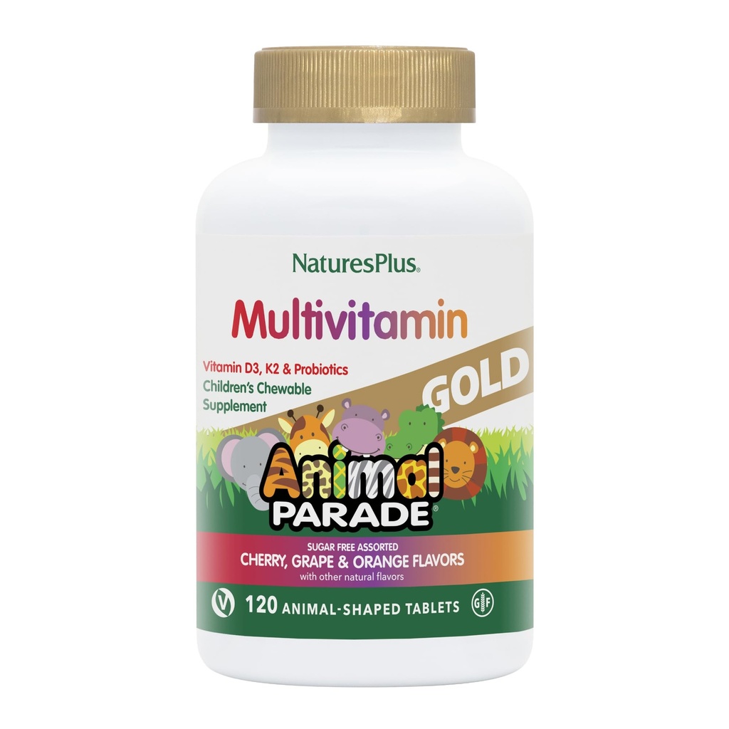 Natures Plus Animal Parade Gold Children's Multivitamiini - valikoitu kirsikka, appelsiini ja viinirypäle makuja - 120 purutablettia - kasvissyöjä, Gluteeniton - 60 tarjoilu