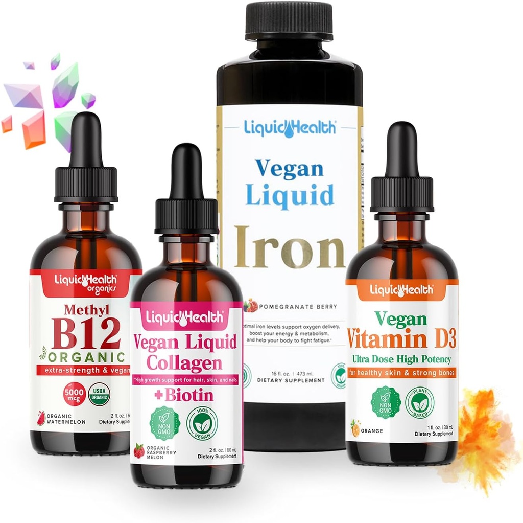 LIQUIDHEALTH Vegan Daily Essentials Vitamin Starter Kit med Organic Methyl B12 Drops, Vegan Liquid Collagen + Biotin, Liquid Iron, Vitamin D3 Drops - 100% Plant-Based Vitamin Supplements, Made in USA