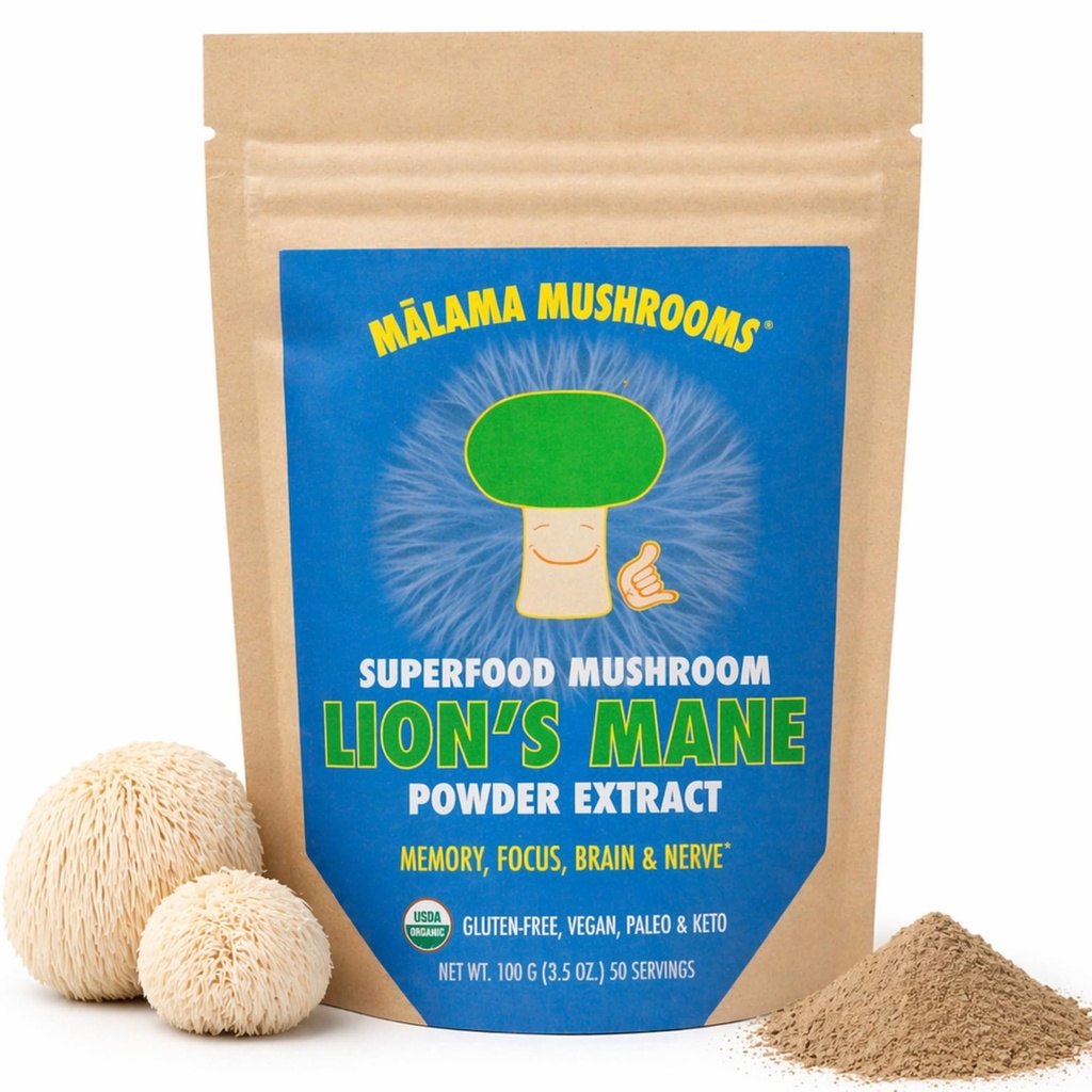 Lion's Mane Extract Powder av Malama, Organic Fruiting Body Lions Mane Mushroom Powder, Superfood Adaptogenic, stöder minne, fokus, hjärna och nerver