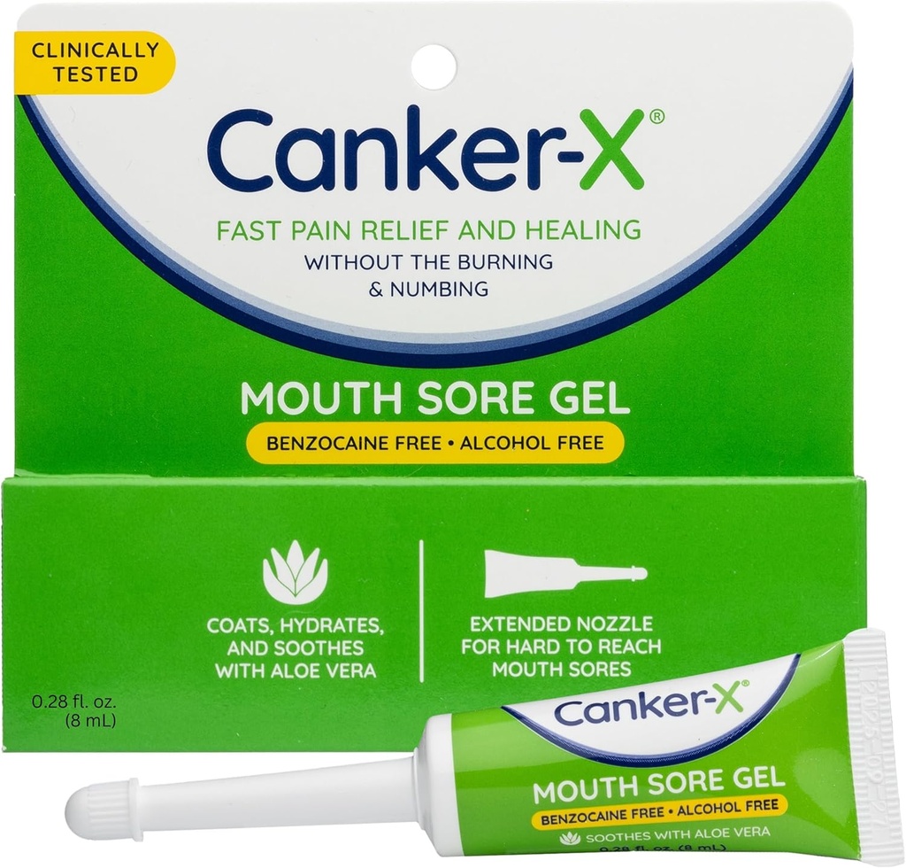 Canker-X Mouth Sore geeli, nopea kipu helpotus ja parantava Canker Soreet, poskipuremat ja suun hieronta, suun kivunlievitys geeli, bentsokaiinivapaa ja alkoholiton, aikuiset ja lapset 6+ Vuodet, 0,28 fl oz