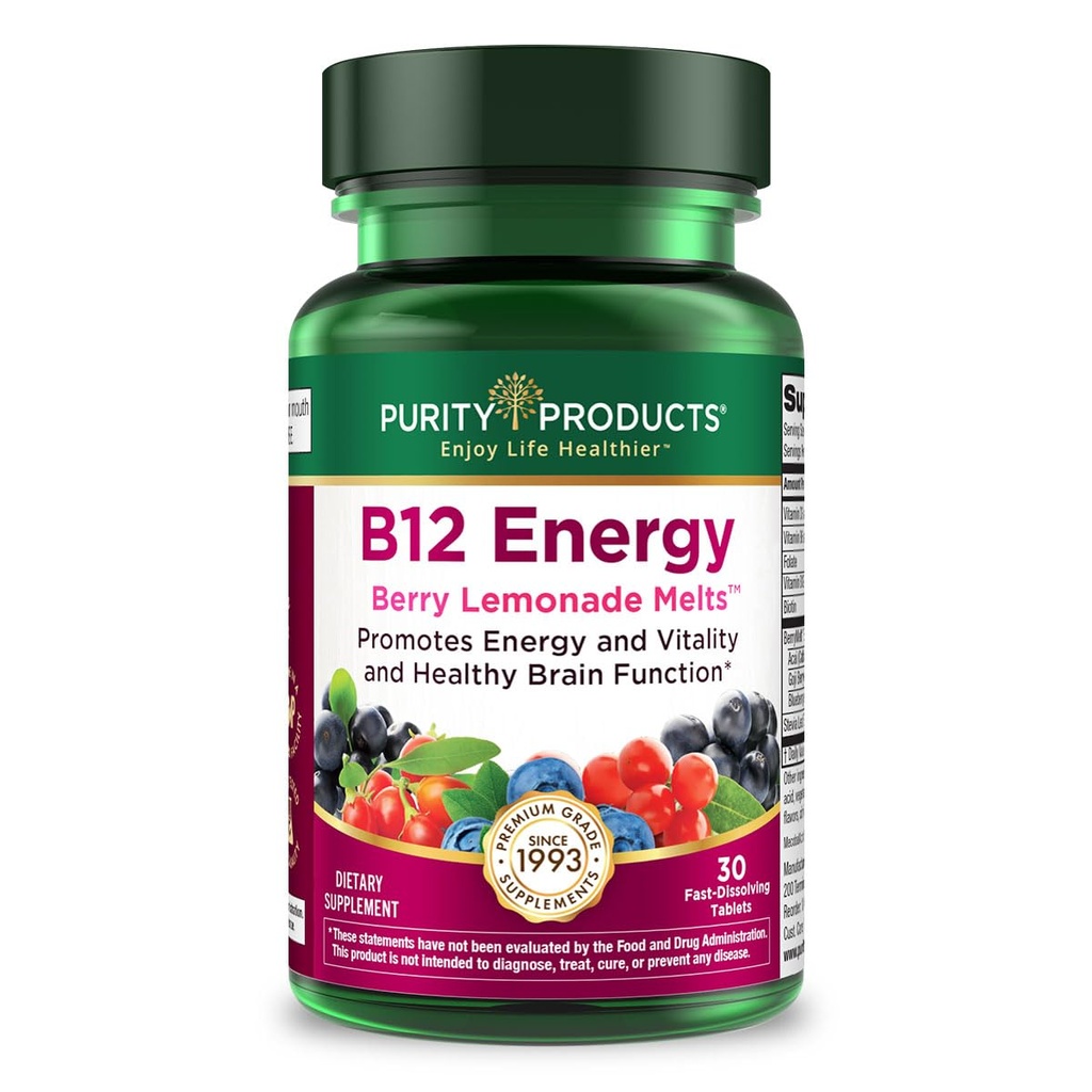 Puhtaus Tuotteet B-12 Energy Berry Lemonade Melt w/Super Fruits Methylcobalamin B12 - Vitamiinit B6, D3, Folic Acid and Biotin - Korkea Imeytyminen MecobalActive B 12-30 Sulatustabletti