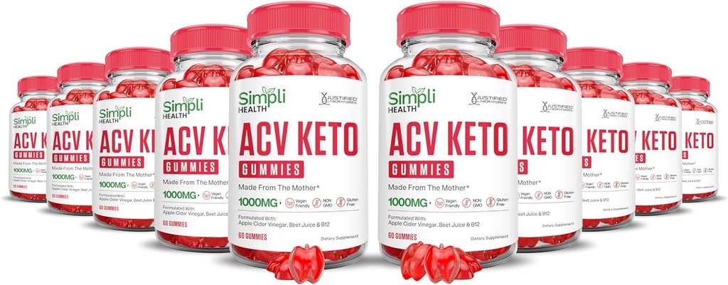 (10 Pack) Simpli Health Keto ACV Gummies Avancerad Formel 1000MG Ketonature Keto Gummies Apple Cider Vinegar Formulerad med Pomegranate Beet Juice Powder B12 Vegan Non GMO 600 Gummys