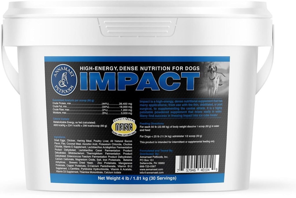 Annamaet Impact - Hög energi Dense Nutrition Supplement för hundar - hjälper till att stödja hälsosam vikt i hund idrottare, post-surgiska hundar och hundar med snabb metabolism - 4 lb