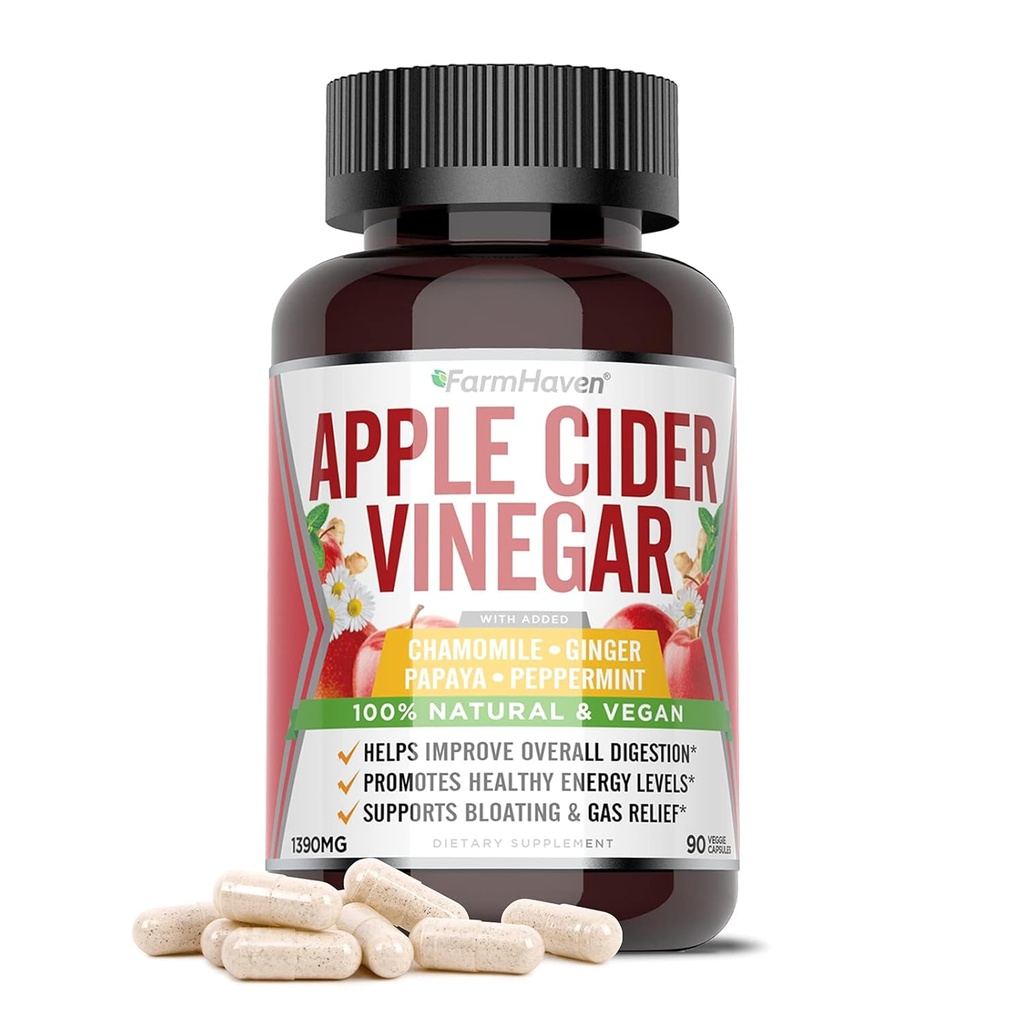 FarmHaven Apple Siideri Viinietikkakapselit Äidin kanssa, ACV-kapselit äidin kanssa 1390MG, Apple Siideri Viinietikka Pillerit inkiväärillä, Apple Viinietikka Pillerit ruokavalioon Terve, Viinietabletit äidin kanssa