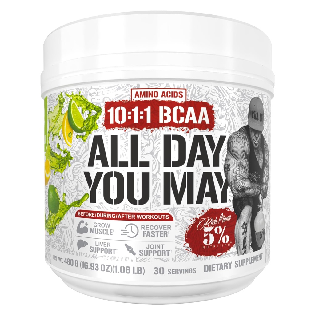 5% Nutrition Rich Piana AllDayYouMay BCAA Powder | Premium Intra & Post Workout Amino Acids, Hydration, Endurance, Muscle Recovery, Joint & Liver Support | 15,3 oz, 30 Servings (Lemon Lime)