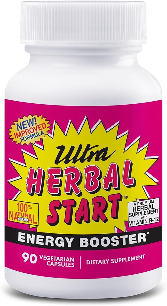 Ultra Herbal Start Energy Booster - med B-12, Panax Ginseng, Yerba Mate, Kola Nut, Spirulina & Echinacea | Främjar naturlig ökning av energi, Stamina & Uthållighet | Tillägg - 90 kapslar