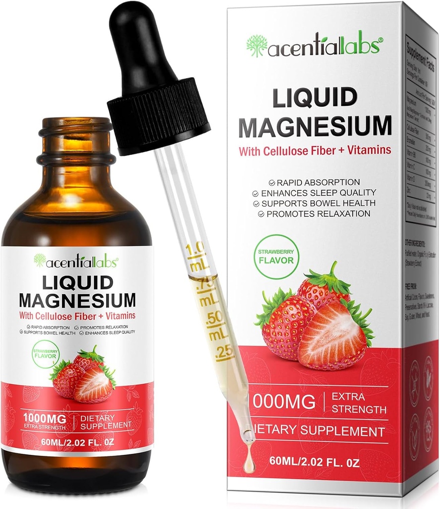 Magnesium Glycinate Liquid, Liquid Magnesium 1000Mg, Magnesium Drops, Liquid Magnesium Supplement, med Cellulose Fiber, Vitamin B6, C, D, Zink, Digestive Health,Promotes Relaxation, No Sugar,2 Fl Oz