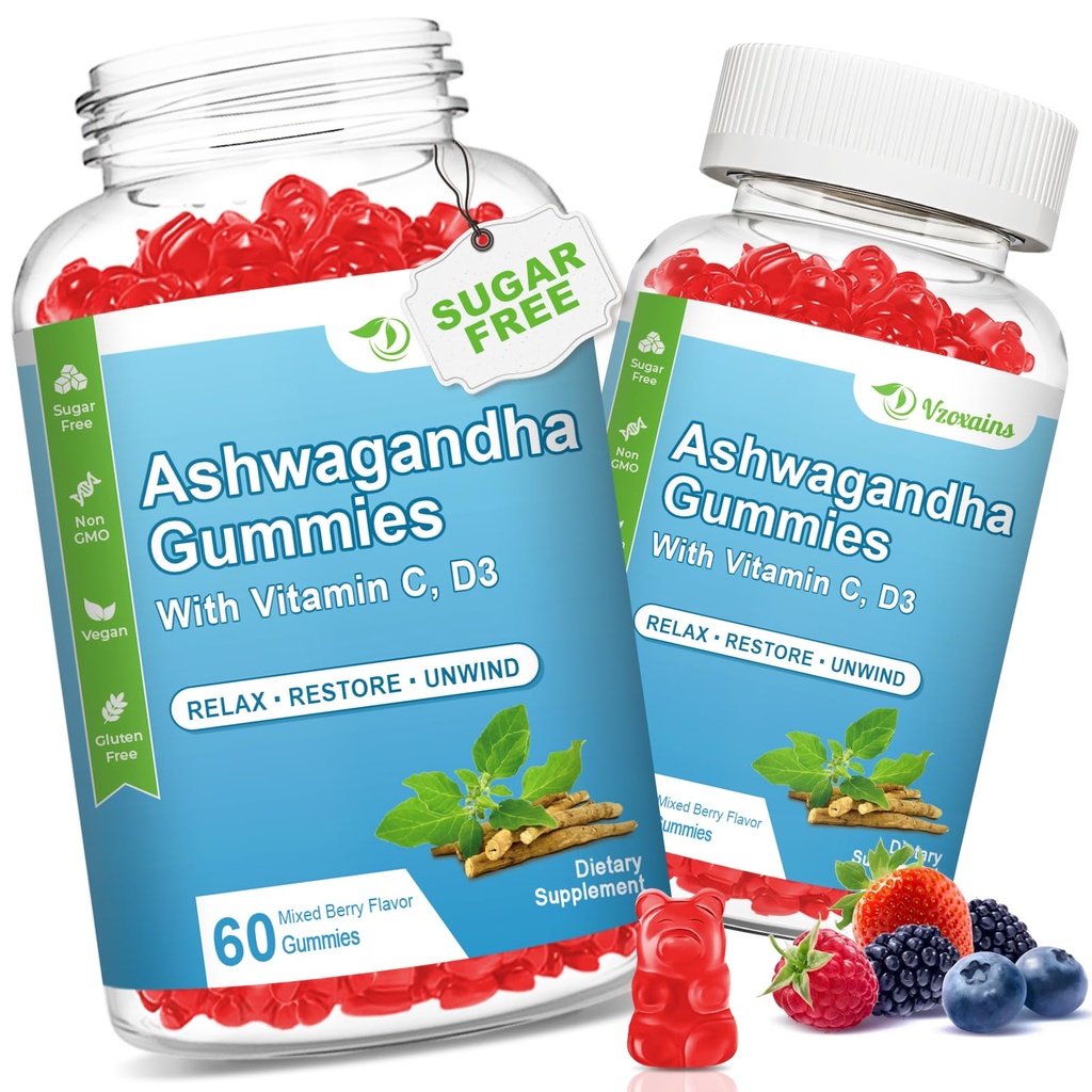2 Pack Ashwagandha Gummies med vitamin D för kvinnor och män, sockerfri Vegan 1000MG Ashwagandha Supplement Gummy & Vitamin C, 120 greve