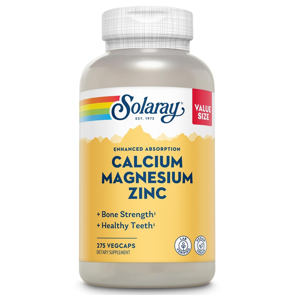 SOLARAY Kalsium Magnesiumsinkki täydennysosa - kalsium 1000 mg, magnesium 500 mg - Luun terveys, lihasten toiminta, sydämen terveys ja immuuni tuki - Vegan, 60 päivän takuu, 68 tarjoilut, 275 VegCaps