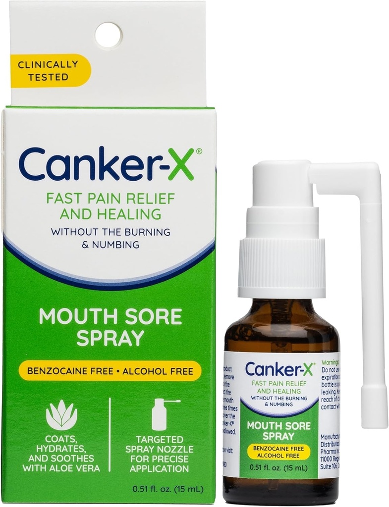 Canker-X Mouth Sore Spray, Oral Pain Relief Canker Sors, Burns & More, Ei polttamista & Numbering, Bentsokaiiniton ja alkoholiton suun haavauma hoito, kohdennettuja Spray Nozzle, 0,51 Fl. Oz.