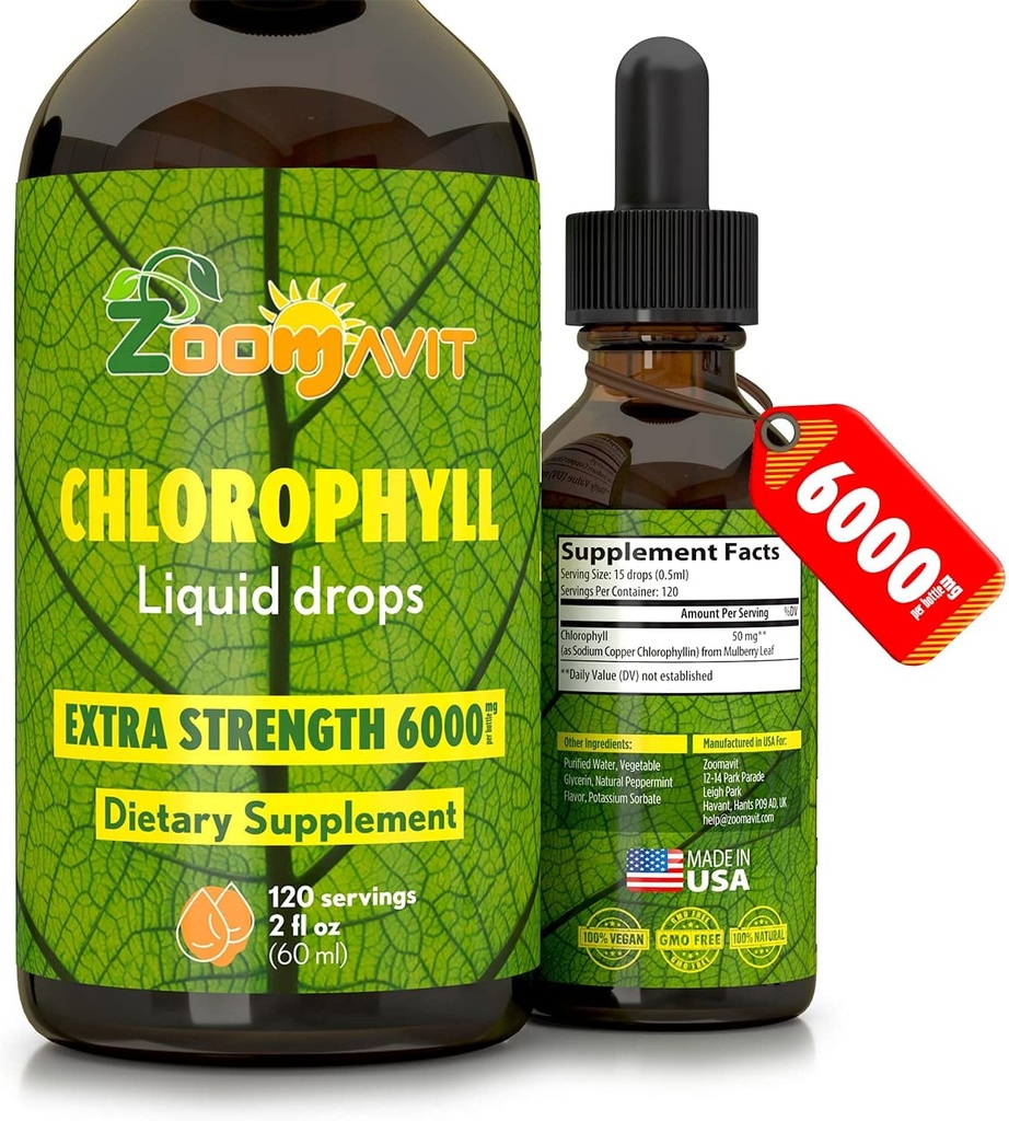 Chlorophyll Liquid Drops 100% Organic Vegan - Energi och Immune System Booster Supplement med Mint smak för vatten - Naturlig inre deodorant - Extra styrka 6000mg 120 portioner