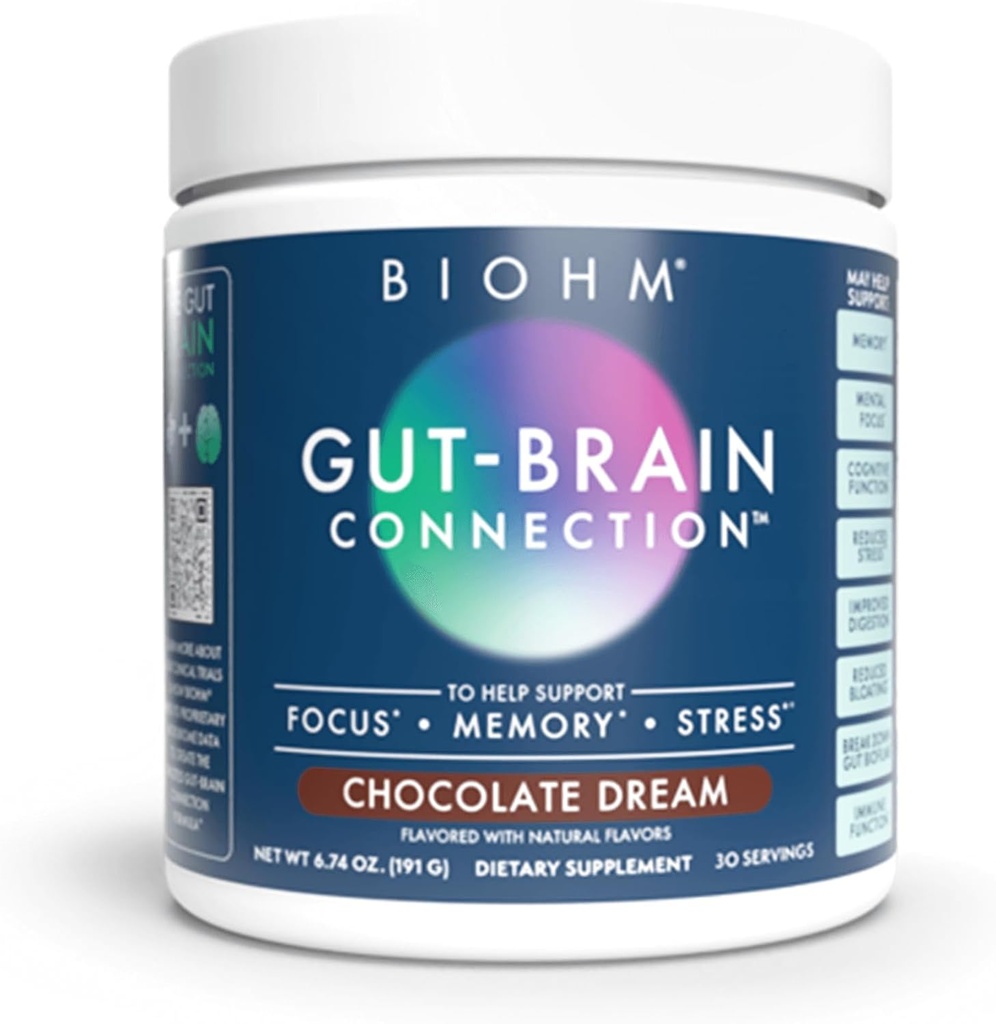BIOHM Gut-Brain Connection Memory & Focus Supplement (6.74 Oz, 30 portioner) stöder Gut Health & Cognitive Well-Being, hjälper till att förbättra humör, probiotika, Lion's Mane & Bacopa Monneiri, Chocolate Flavor
