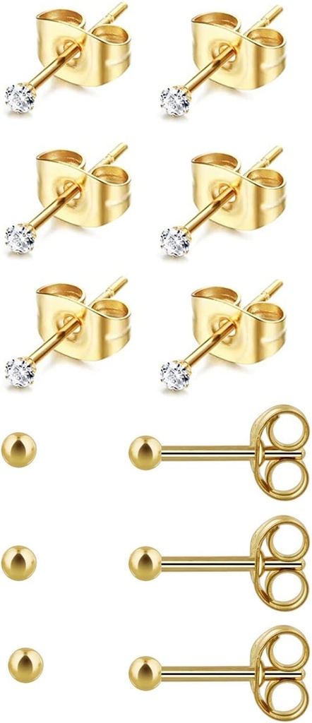 6 paria 2mm/3mm Kirurginen teräs Hypoallergenic lävistys Studs, 20G 14K Real kulta täytetyt Tiny Stud korvakorut Set useita reikiä lävistys (Cubic Zirconia, Helmi, Ball)