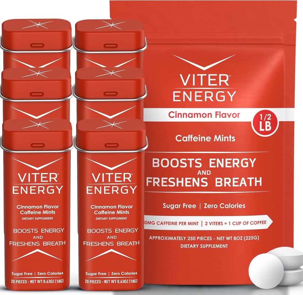 Viter Energy Original Caffeine Mints Cinnamon Flavor 6 Pack och 1/2 Pound Bulk Bag Bundle - 40mg Koffein, B Vitaminer, Sugar Free, Vegan, Kraftfull energi Booster för Fokus och Alertness