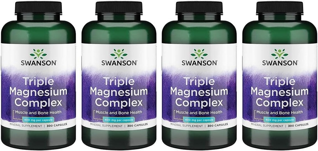 Swanson Triple Magnesium Complex - Mineraali täydentää - Natural Support - Featuring Citrate, oksidi ja aspartaatti - (300 kapselia, 400 mg Each, 4 pakkaus)