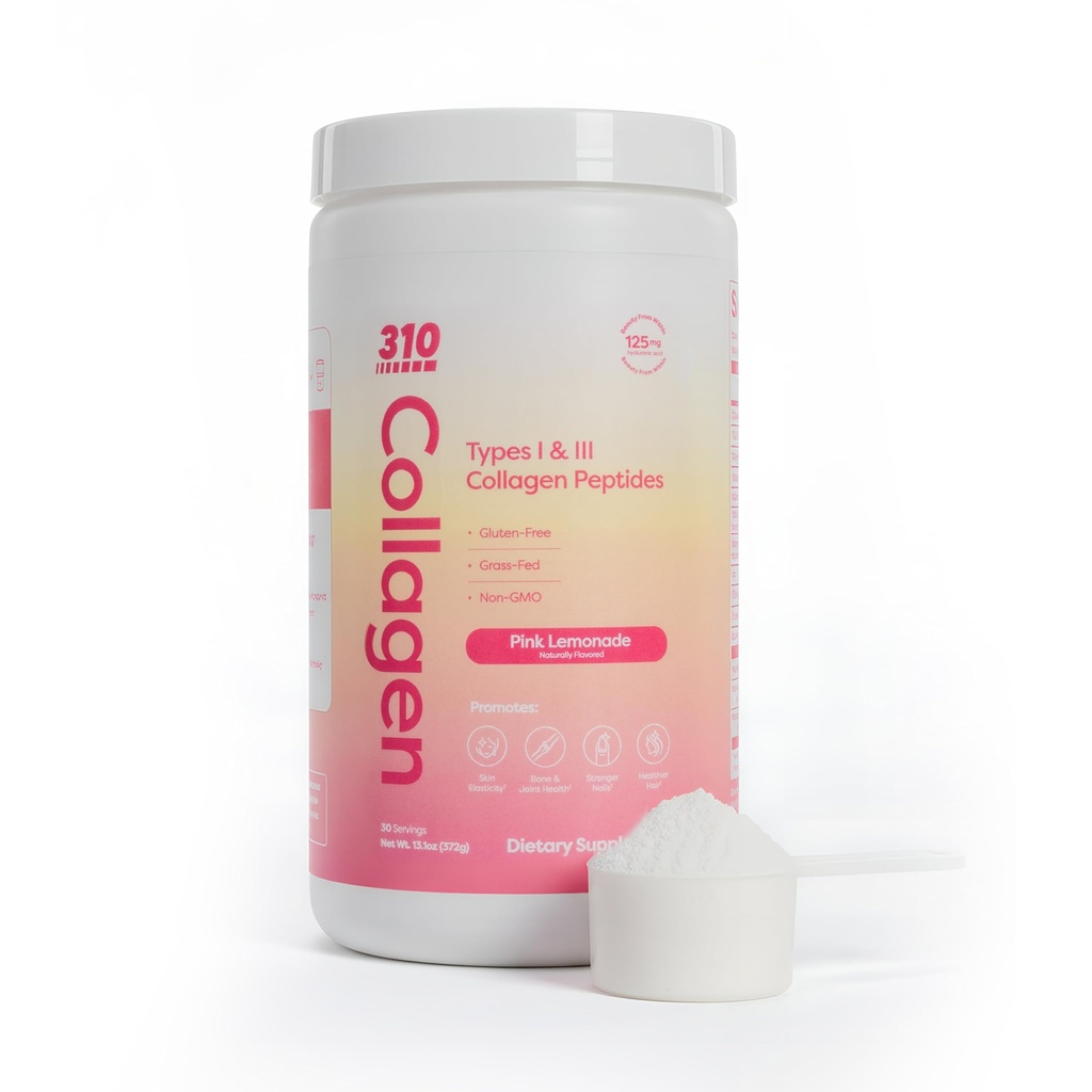 310 Nutrition Hydrolysed Collagen Peptides Powder for Women & Men - Grass-Fed Collagen Supplement w/Hyaluronic Acid, Resveratrol, C-vitamiini, D & E iholle, hiuksille ja kynsille - 30 SRV vaaleanpunainen sitruuna