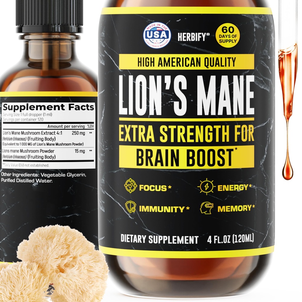HERBIFY Lions Mane Supplement - Daily Mushroom Supplement för minne, fokus och klarhet - Brain Booster - Lions Mane Tincture för immunstöd - 4 Fl oz