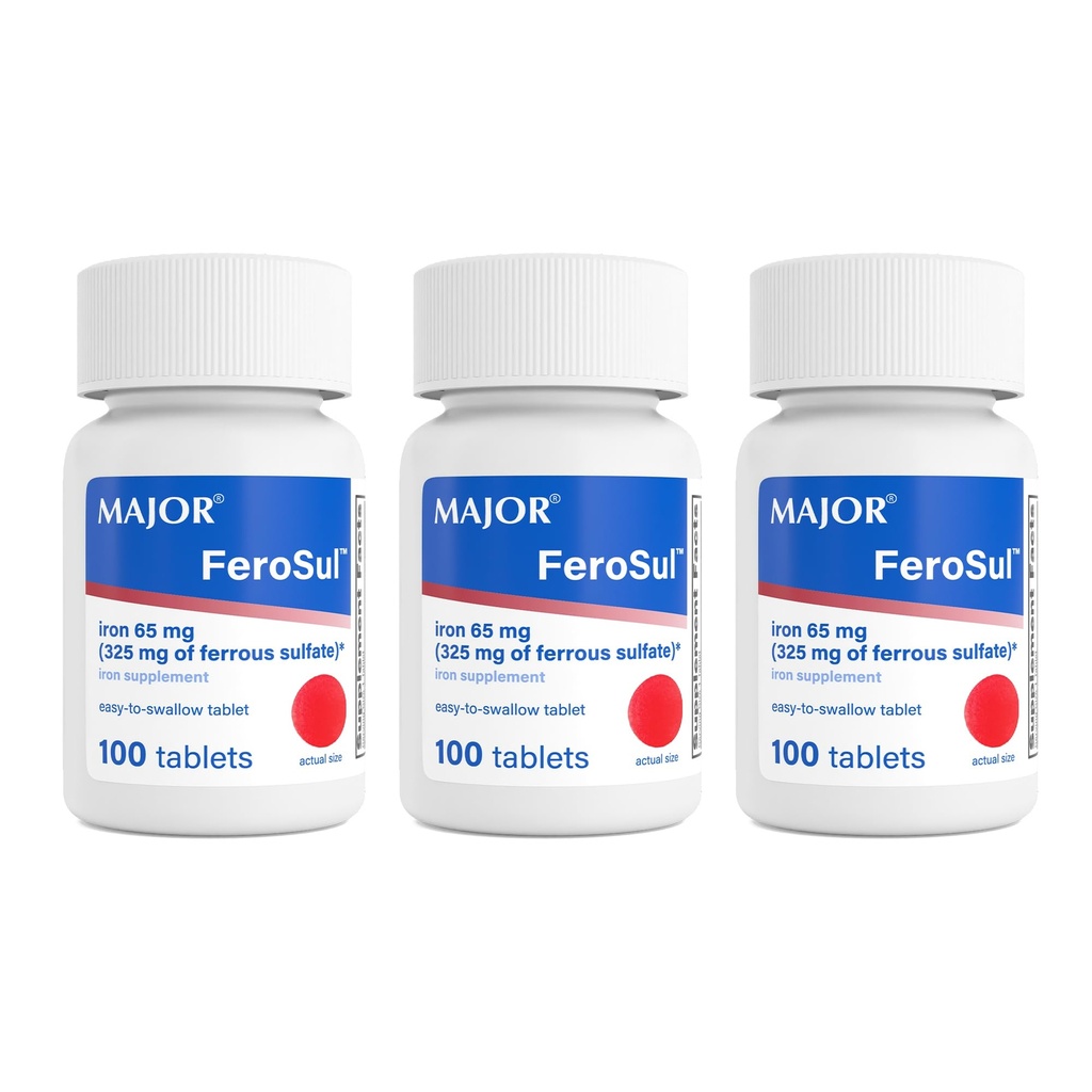 MAJOR Ferosul - Ferrous Sulfate 325mg tabletter med 65mg Elemental Iron - Järntillskott för kvinnor, män - Red - 100 Count (3 Pack)
