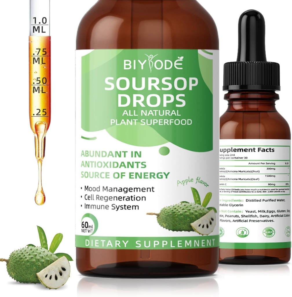 Soursop Graviola Liquid Drops: 1800mg Premium Antioksidantti tuki Immunoterveyden digestio Rentoutuminen Uni Vegaani gluteeniton sokeri ilmaiseksi 1 Fl Oz 30 päivän tarjonta