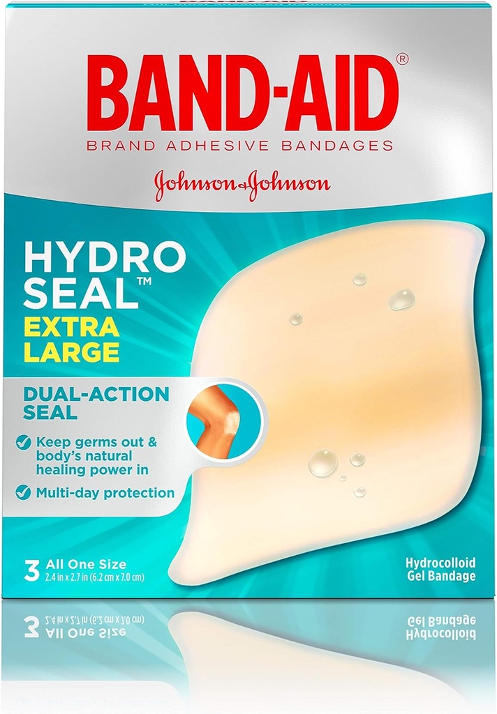 Band-Aid Tuotemerkki Hydro Seal Liima Hydrokolloidi Gel Bandges for Haavanhoito & Läpipainopakkaus Relief, Kaikki tarkoitukset Vedenpitävä & suihku Todisteet Läpipainopakkaus Pad, Steriili & Pitkäkestoinen, Erittäin suuri, 3 kt