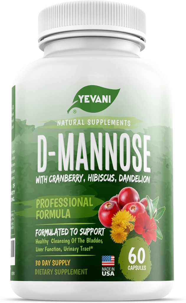 100% Pure D-Mannose Capsules 1000 mg med Cranberry, Hibiscus och Dandelion Extract, Fast Acting Professional UTI Prevention Formel för urinvägs hälsa och blåsstöd