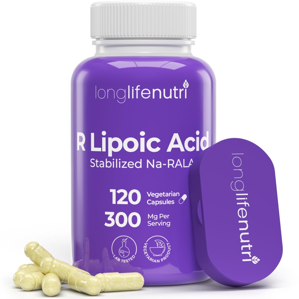 LongLifeNutri Stabilized R-Alpha Lipoic Acid 300 mg ... High Potency Na-RALA Supplement for Cellular Energy & Metabollic Function, 120 Vegetarian Kapselit, 4-kuukautinen toimitus, GMP Certified, Made in USA
